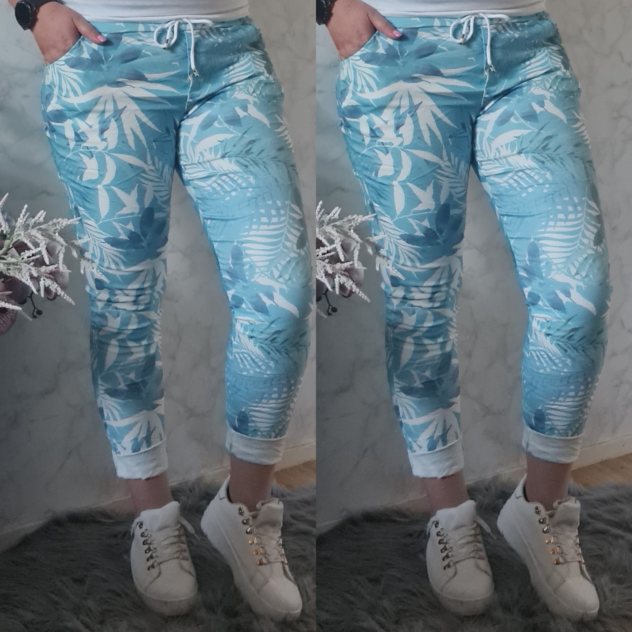 Stretch pants leaves | light blue